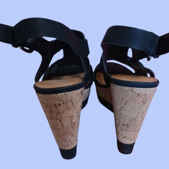 Franco Sarto Black Wedge Sandals Open Toe Cork Wedge Size 8M - Picture 2 of 13
